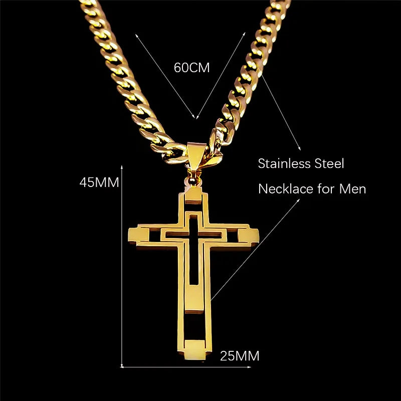 2026 Hip Hop Cross Stainless Steel Chain Necklaces Gold Color Long