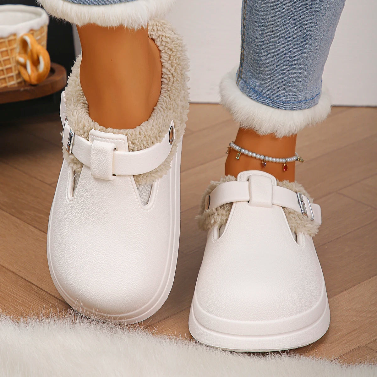 Waterproof Eva Furry Mules Slippers Women 2025 Winter Metal Buckle
