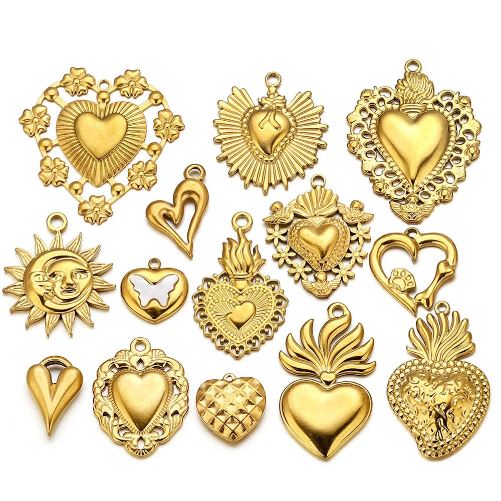 5pcs Stainless Steel Heart Sun Charms Connectors Gold-Plated PVD for