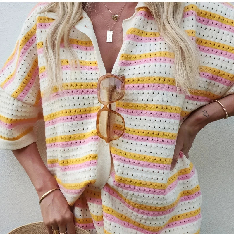 2025 Summer Women'S Hollow Striped Knitted 2 Pieces Set Short Sleeve