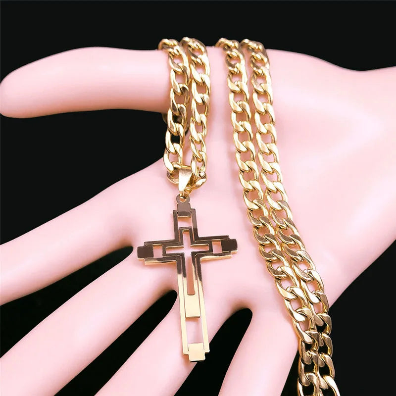 2026 Hip Hop Cross Stainless Steel Chain Necklaces Gold Color Long
