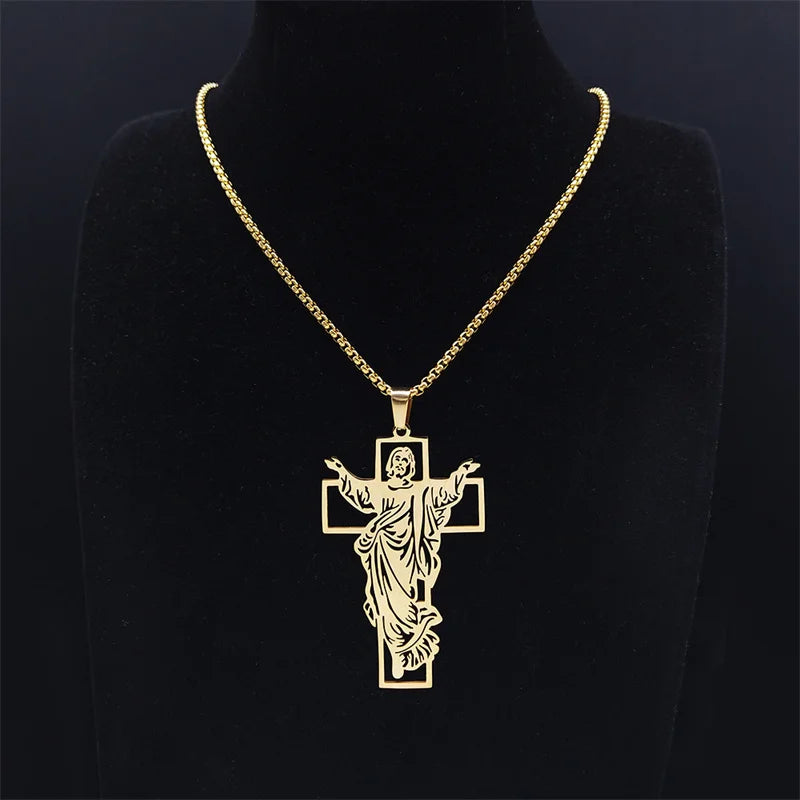 Jesus Cross Stainless Steel Pendant Necklace Gold Color for Women/Men