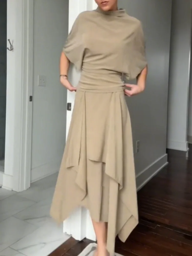Fashion Elegant Casual Top Skirt Sets High Neck Loose Crop Shirt