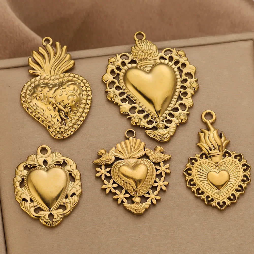 5pcs Stainless Steel Heart Sun Charms Connectors Gold-Plated PVD for