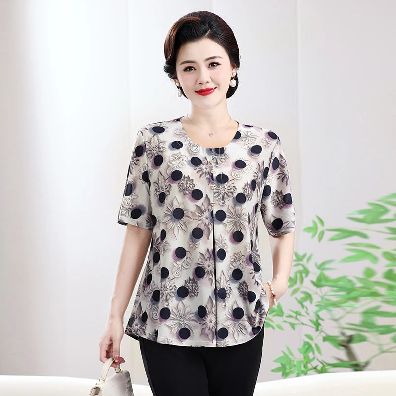 Floral Printed Summer Tops for Mature Women Beige-Toned Linen-Cotton