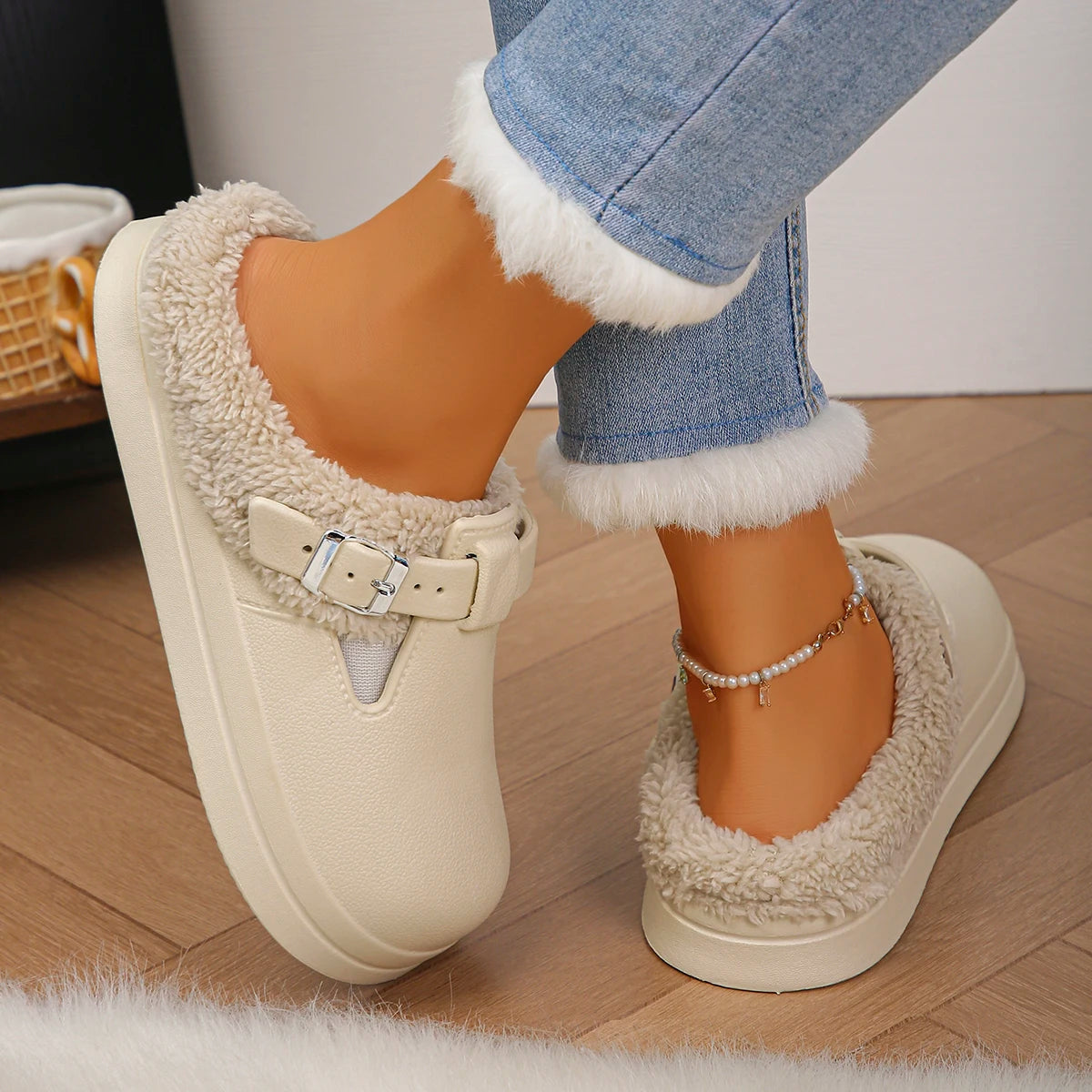 Waterproof Eva Furry Mules Slippers Women 2025 Winter Metal Buckle