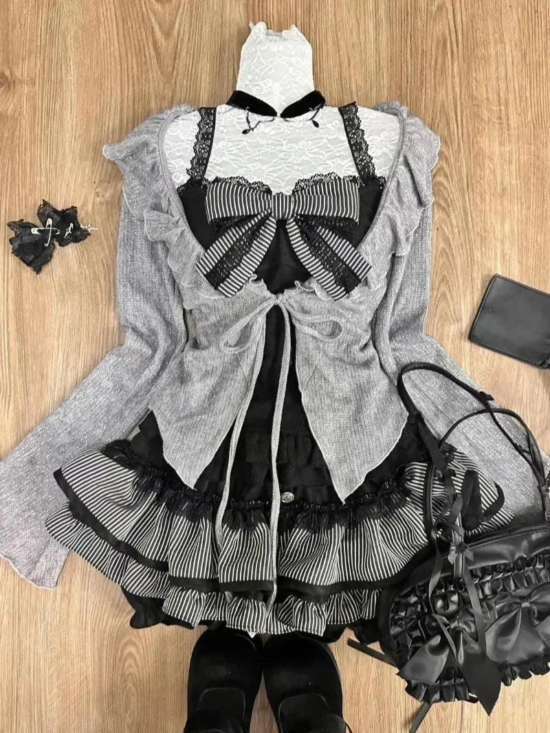 Sweet Lolita Early Autumn Three Piece Set Lace up Ruffles Cardigan