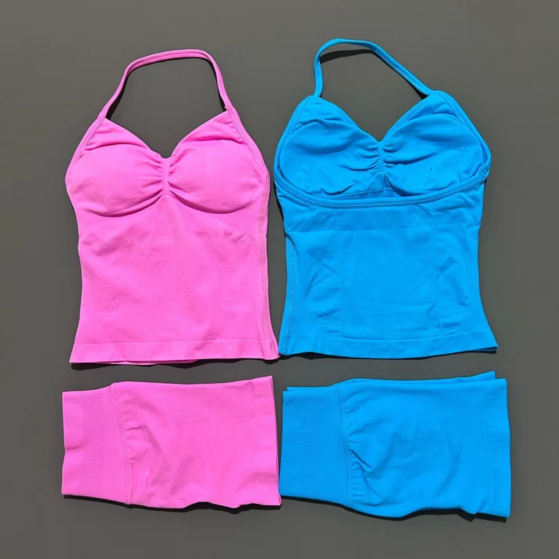 HISTELLO 2 Pieces Sports Set Women Yoga Longline Strap Top Scrunch