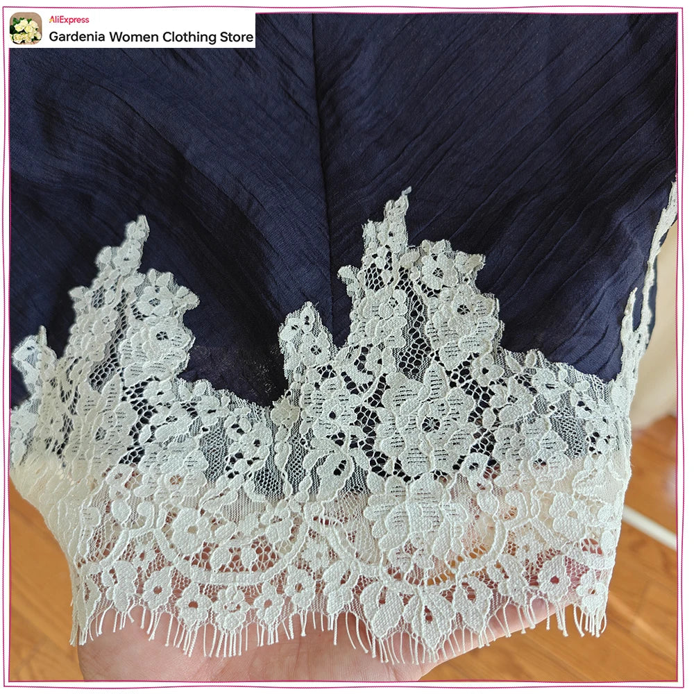 Elegant Women Lace Trim Skirt Sets Summer Co-ord Set High-Neck
