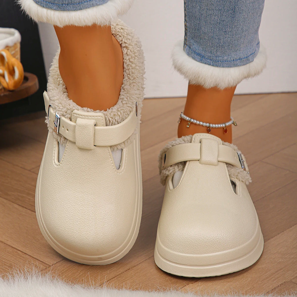 Waterproof Eva Furry Mules Slippers Women 2025 Winter Metal Buckle