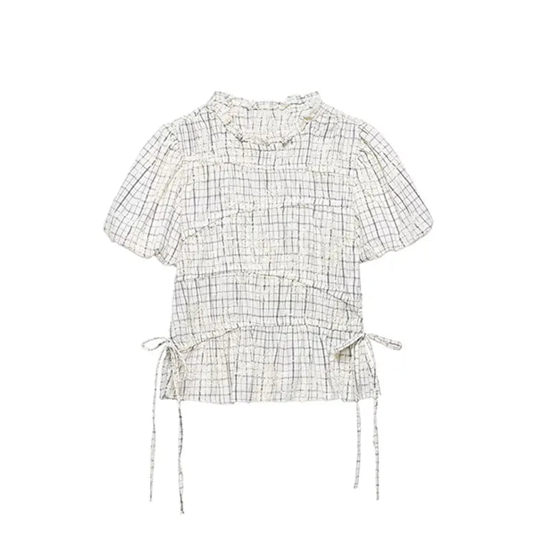 TFAFXY 2026 Summer Bow Plaid Embroidered Blouse Women Sets A-line Midi