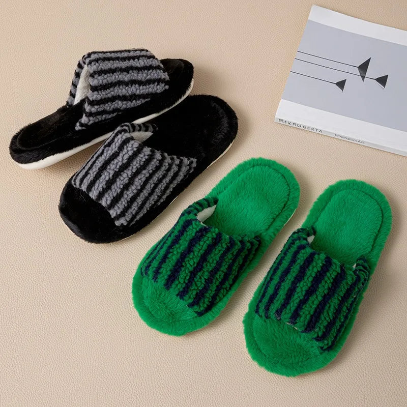 Autumn and Winter New Striped Contrast Open Women's Cotton Slippers