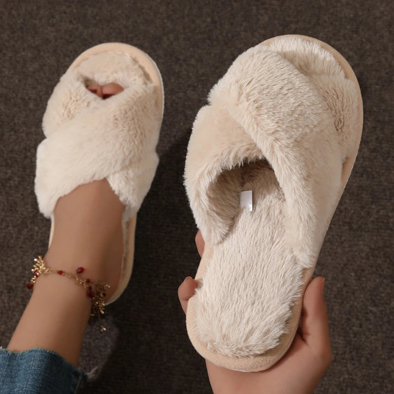 Cross Warm Fluffy Furry Slippers Women Lightweight Flat Heels Fur