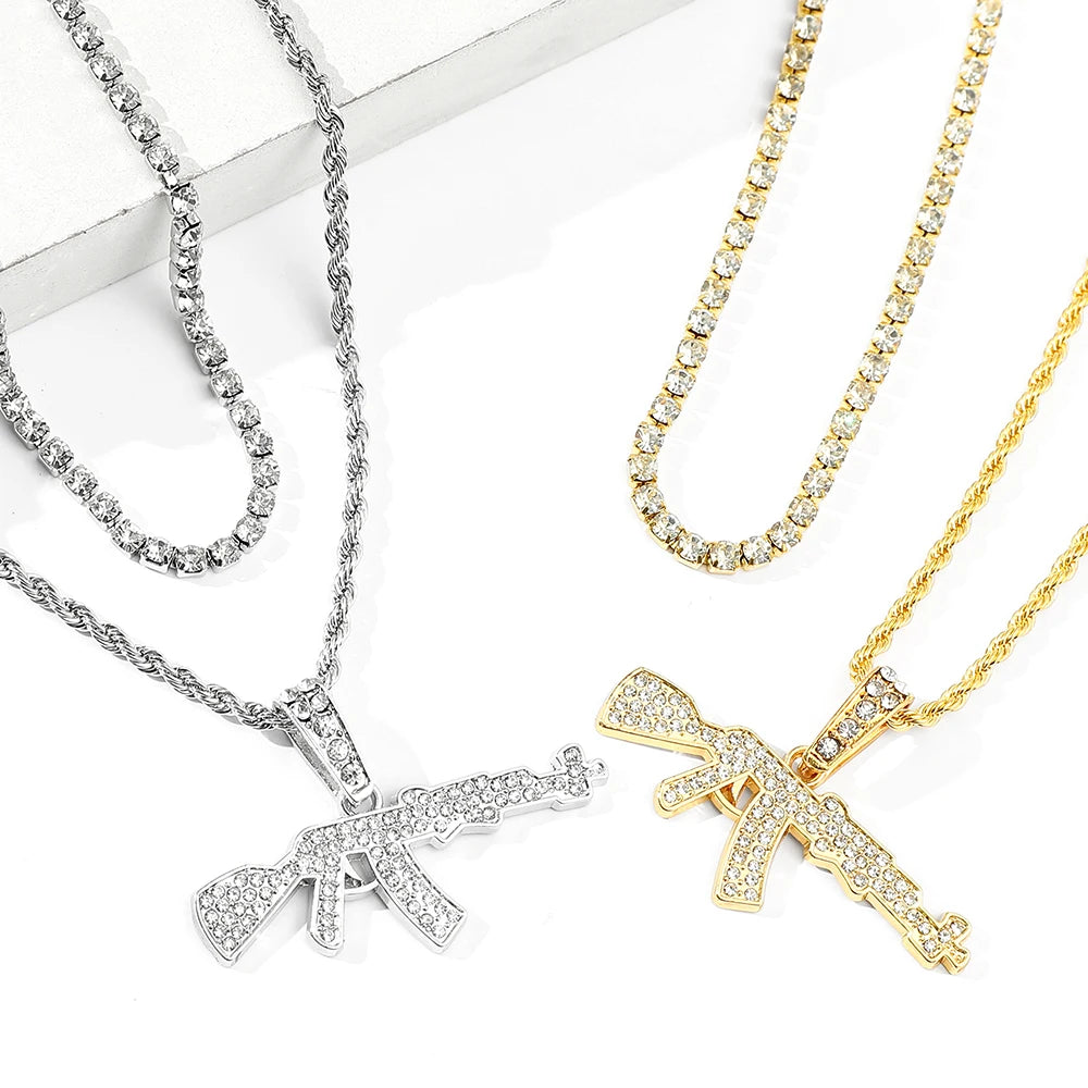 Fashion Punk Hip-Hop Submachine Gun Pendant Necklace Silver Gold Tone