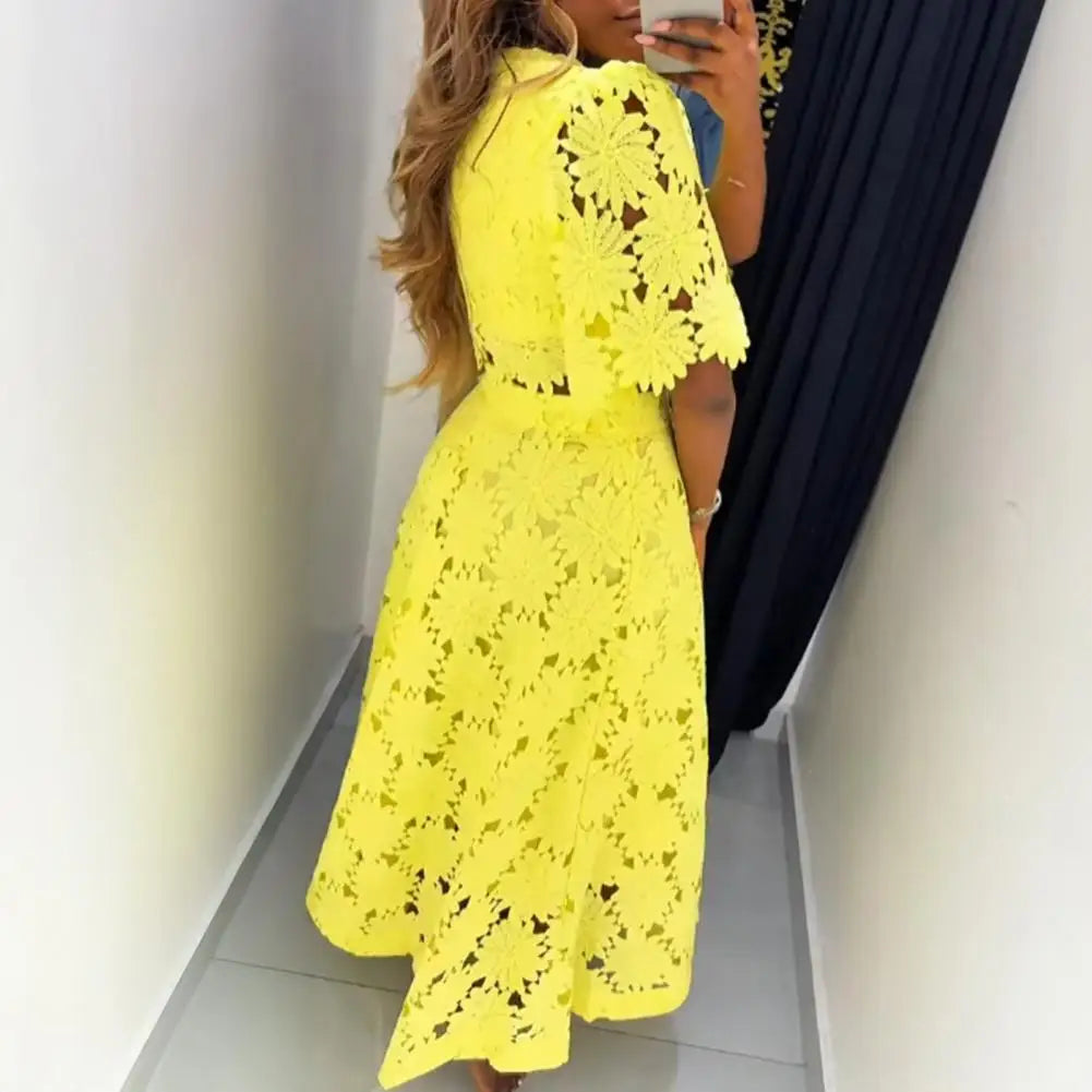 Elegant Hollow Out Women's Long Dresses Short Sleeves Embroidery Dress