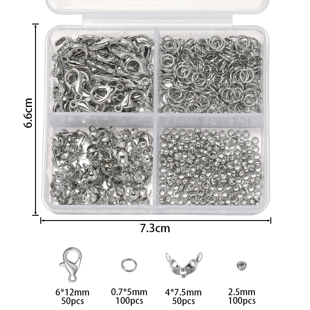 4Grids/Box Lobster Clasp Jump Rings Ball Chain Calotte End Crimps