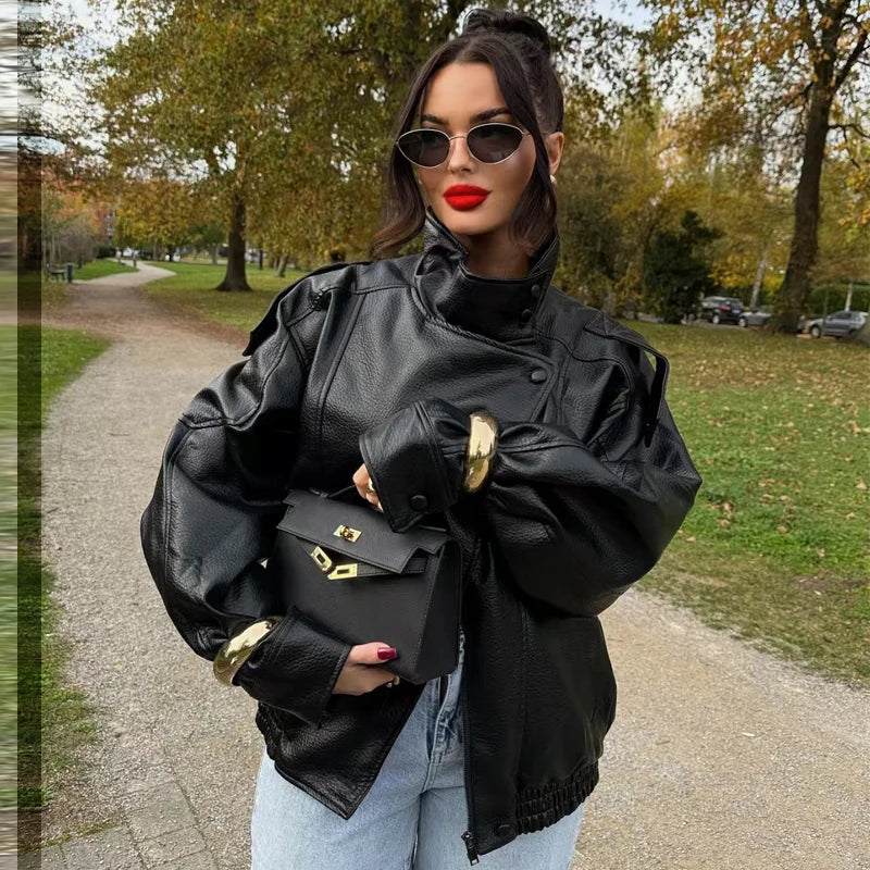 HXAO New Arrival Women's Bomber Jacket Leather Black Jackets Cropped