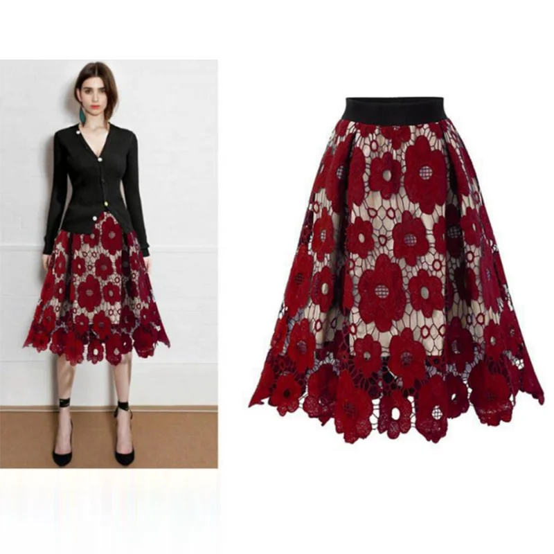 Summer Boho Lace Skirts Women Vintage Mesh Hollow Out Plus Size Skirt