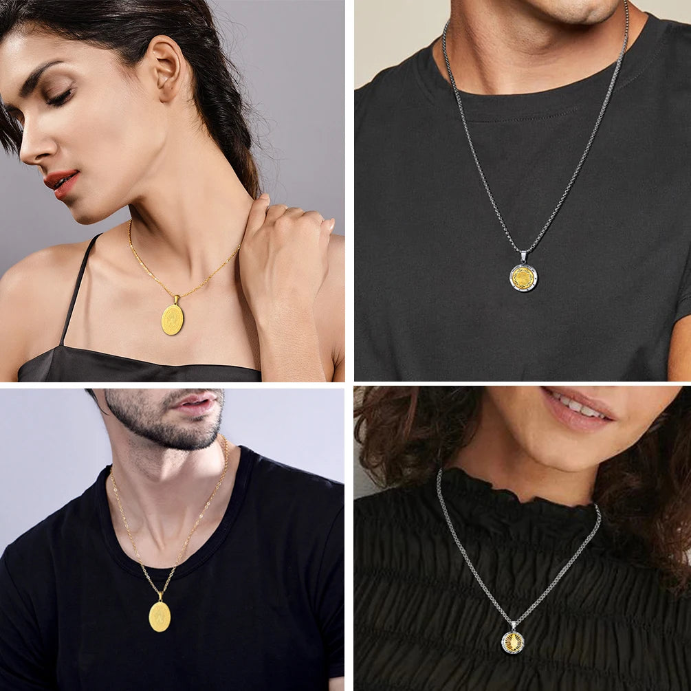 U7 Holy Virgin Mary Pendant Necklaces for Woman Man Round Shell