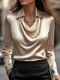 Spring and Autumn Plus-Size Long-Sleeved Satin Shirt, Round Neck with