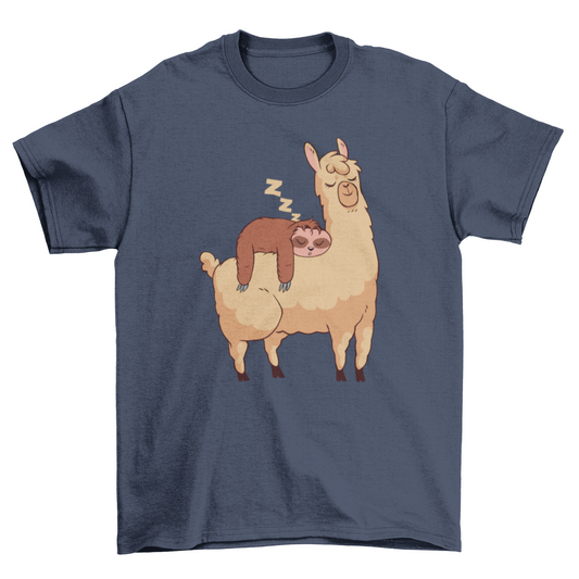 Sleeping Sloth Riding Llama Illustration T-shirt