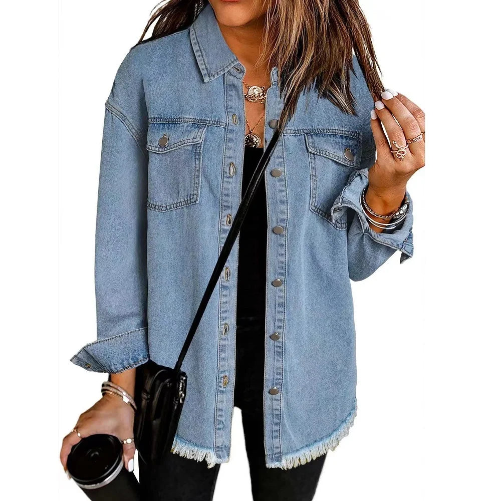 Washed Denim Jacket Women Autumn Tassel Lapel Jeans Jacket Female Casual Loose Long Sleeve Single Breasted Outerwear Shirts Coat