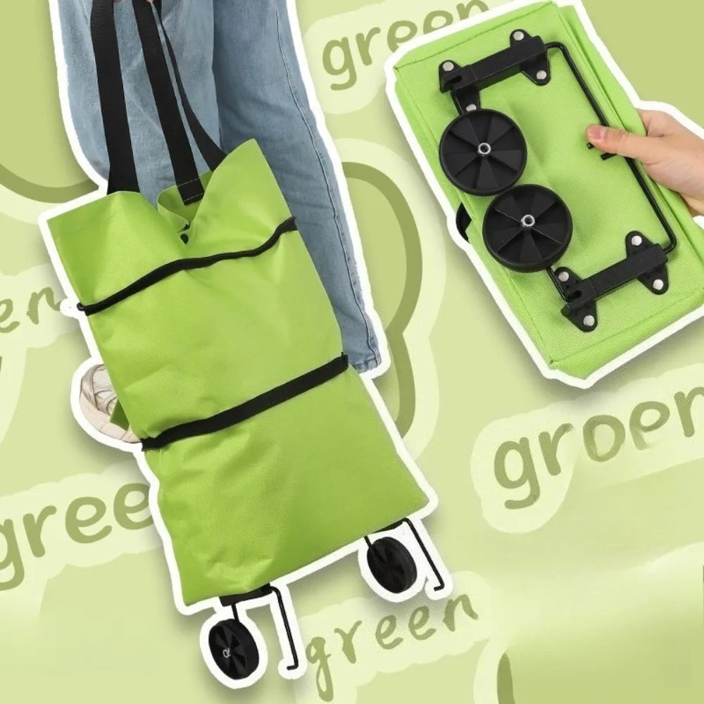 Foldable Shopping Bags with Wheels Portable Roller Tote Grocery Market Cart Caddy Oxford Fabric Reuseable Lightweight Bags Green