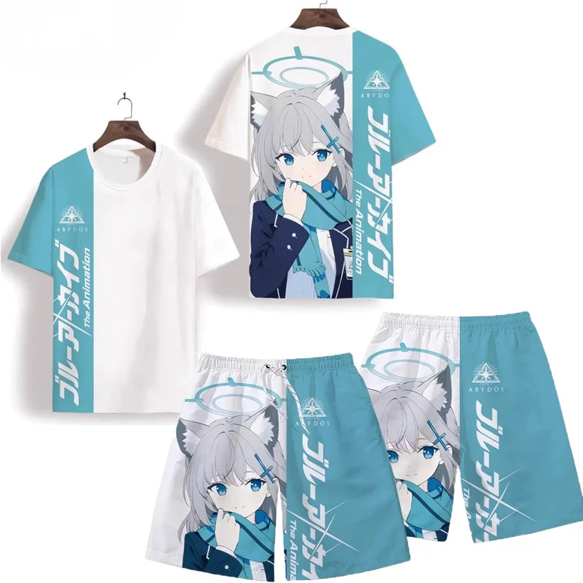 Men's Suits Anime Blue Archive Takanashi Hoshino 3D Print T-Shirts Shorts 2-Piece Sets Tracksuits Oversized Outfits Man Clothing