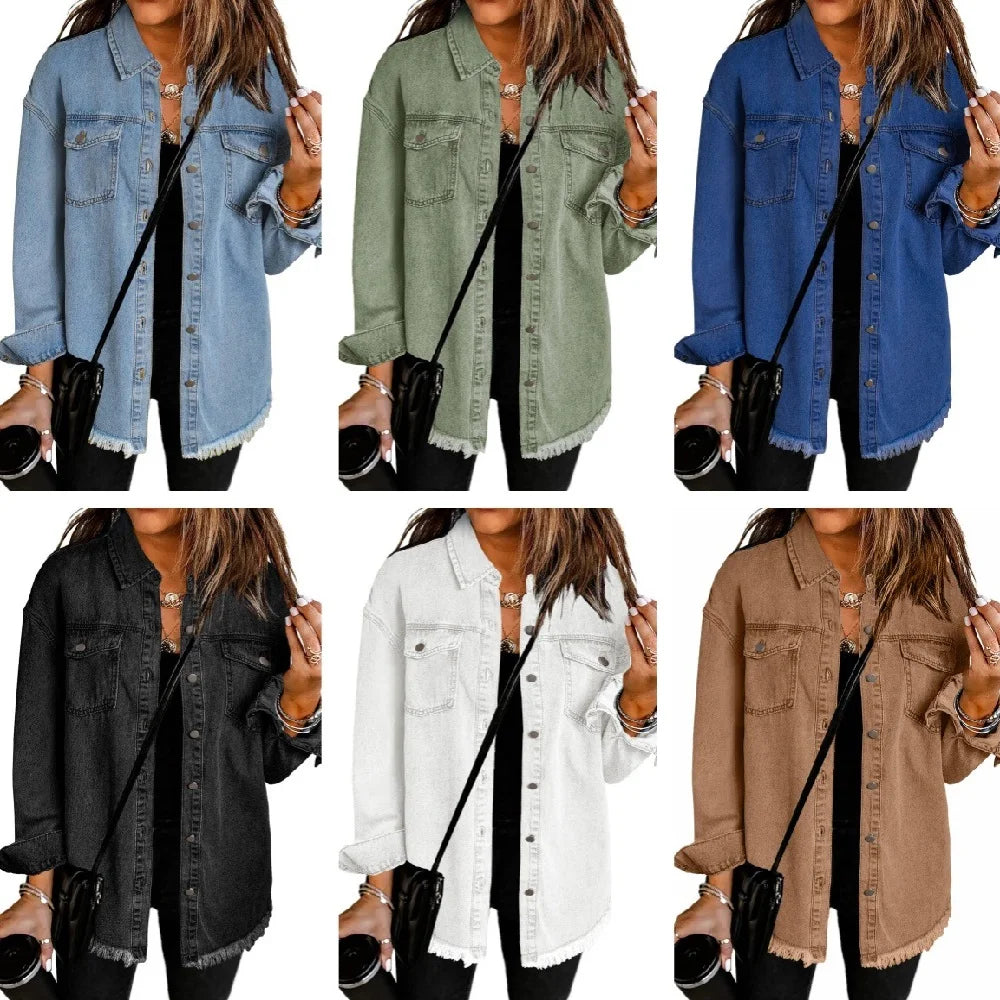 Washed Denim Jacket Women Autumn Tassel Lapel Jeans Jacket Female Casual Loose Long Sleeve Single Breasted Outerwear Shirts Coat