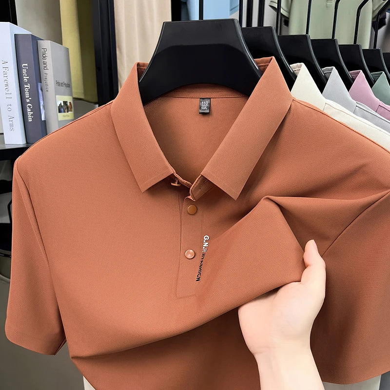 Luxury brand ice silk short sleeve polo shirt men's new fashion letter embossed summer breathable casual business lapel T-shirt