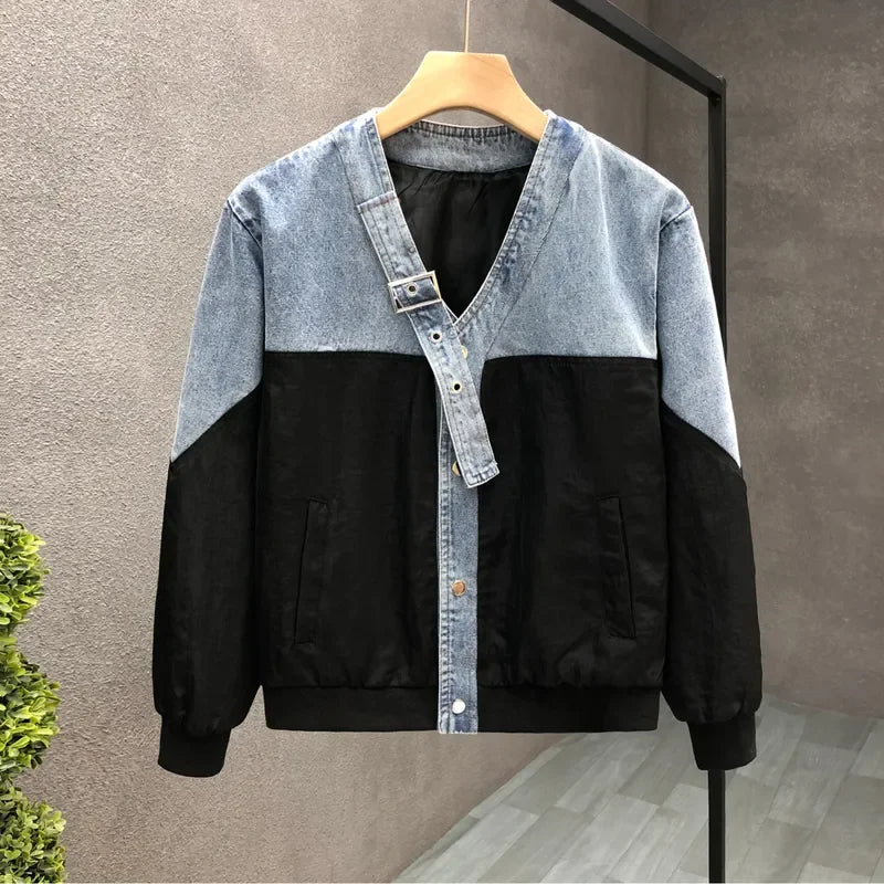 2026 Men's Color Block Denim Jacket Casual Loose Fit Spliced Jean Coat Streetwear Fashion Outerwear