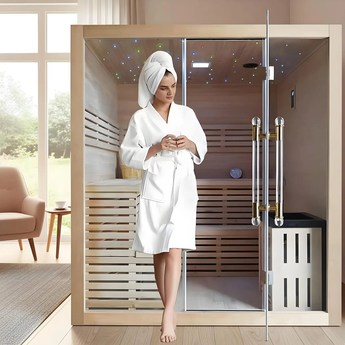 Backyard Cedar Sauna Barrel Cabin with Electric Heating Stones Outdoor Wellness Spa Room for Family Relaxation Use