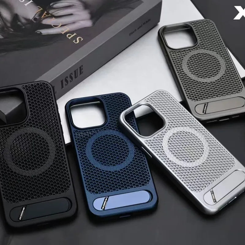 3D hollow Honeycomb Cooling Magnetic Phone Case for iPhone 12 13 14 15 16 Pro Max Plus with Stand Hard Cover Slim Hard