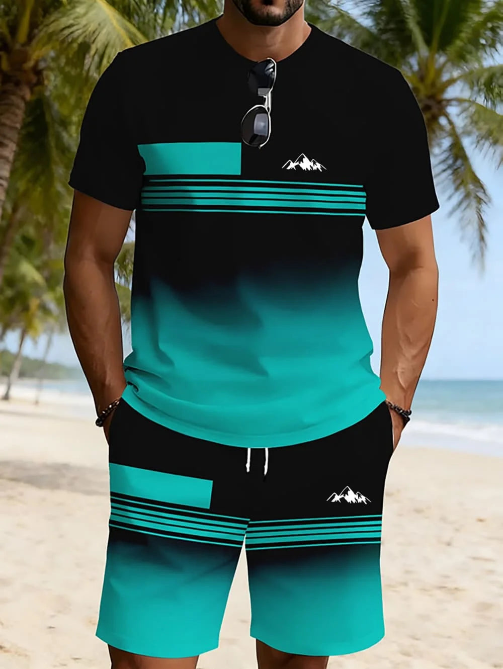 2026 Summer New Arrival Men's Casual Two-Piece Set Striped 3D Print Short-Sleeve Shirt and Athletic Shorts Set Men's Fitness Set
