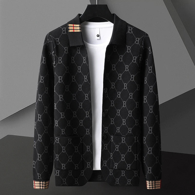 Designer Luxury Brand Men's Knitted Cardigan Lapel Embroidered Jacquard Soft Long Sleeved Sweater Coat Winter Fashion Men's Wear