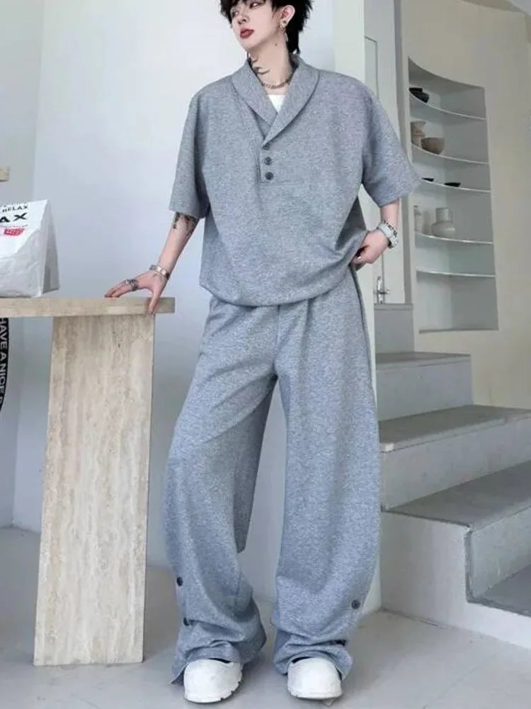 Grey New Summer Men's Two Pieces Set Turn Down Collar Fake Short Sleeve Sweatshirt And Casual Wide Leg Long Pants GPBW