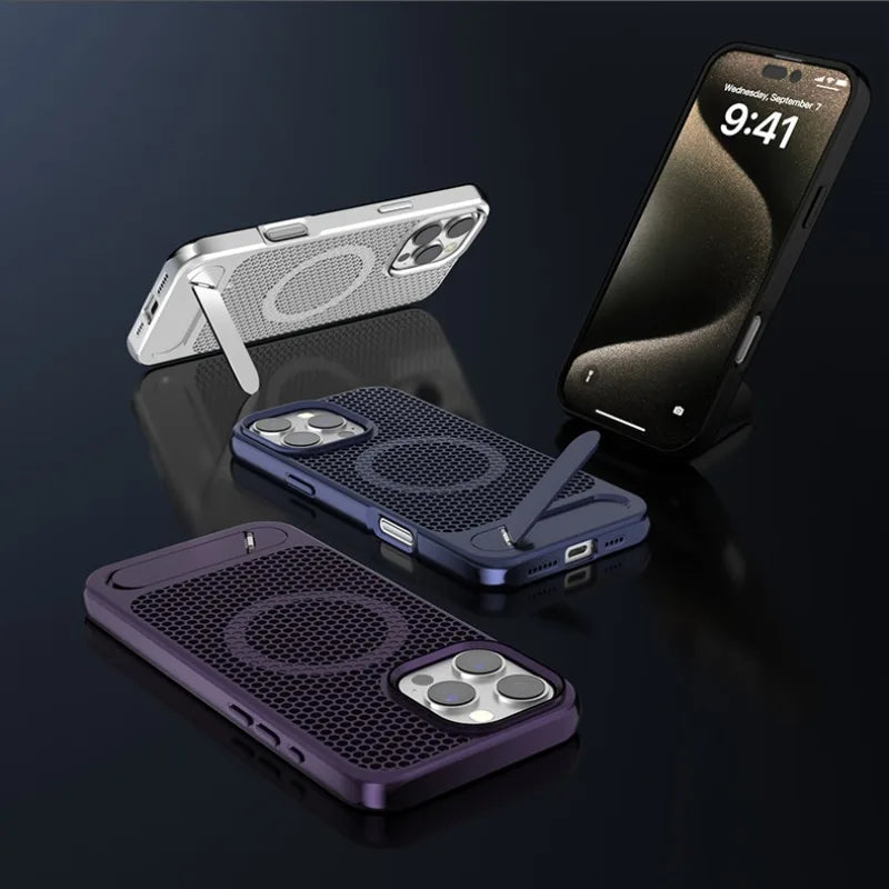 3D hollow Honeycomb Cooling Magnetic Phone Case for iPhone 12 13 14 15 16 Pro Max Plus with Stand Hard Cover Slim Hard