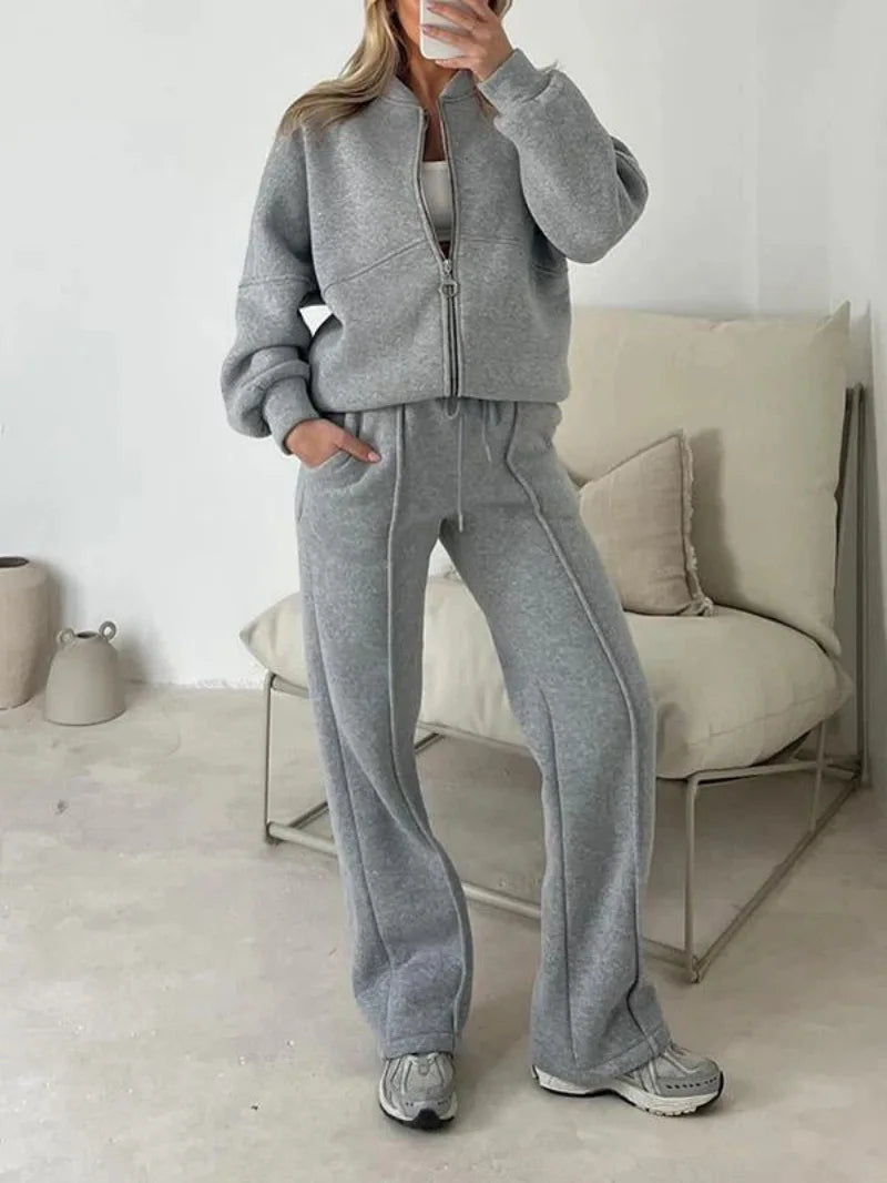 Women Zip Up Oversized Jacket Drawstring Wide Leg Pants Two Piece Tracksuit Casual Sweat Outfit