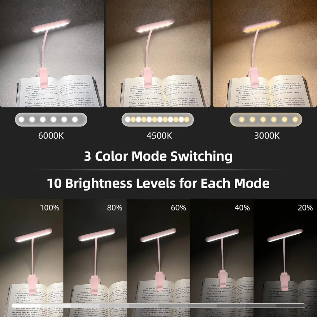 Reading Lamp Book Clamp Black/White/Pink USB Rechargeable Battery 600mAh Flexible Gooseneck Clip Light 10 Brightness Dimmable