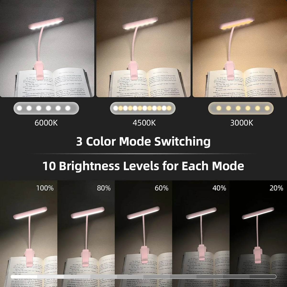 Reading Lamp Book Clamp Black/White/Pink USB Rechargeable Battery 600mAh Flexible Gooseneck Clip Light 10 Brightness Dimmable