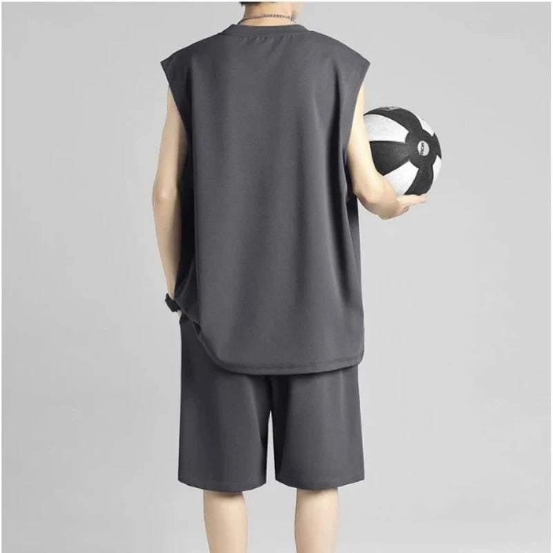 Street Hip Hop Men Ice Silk Quick Dry Sleeveless Vest Shorts Two Piece Set Casual Sports Basketball Daily Outdoor Wear