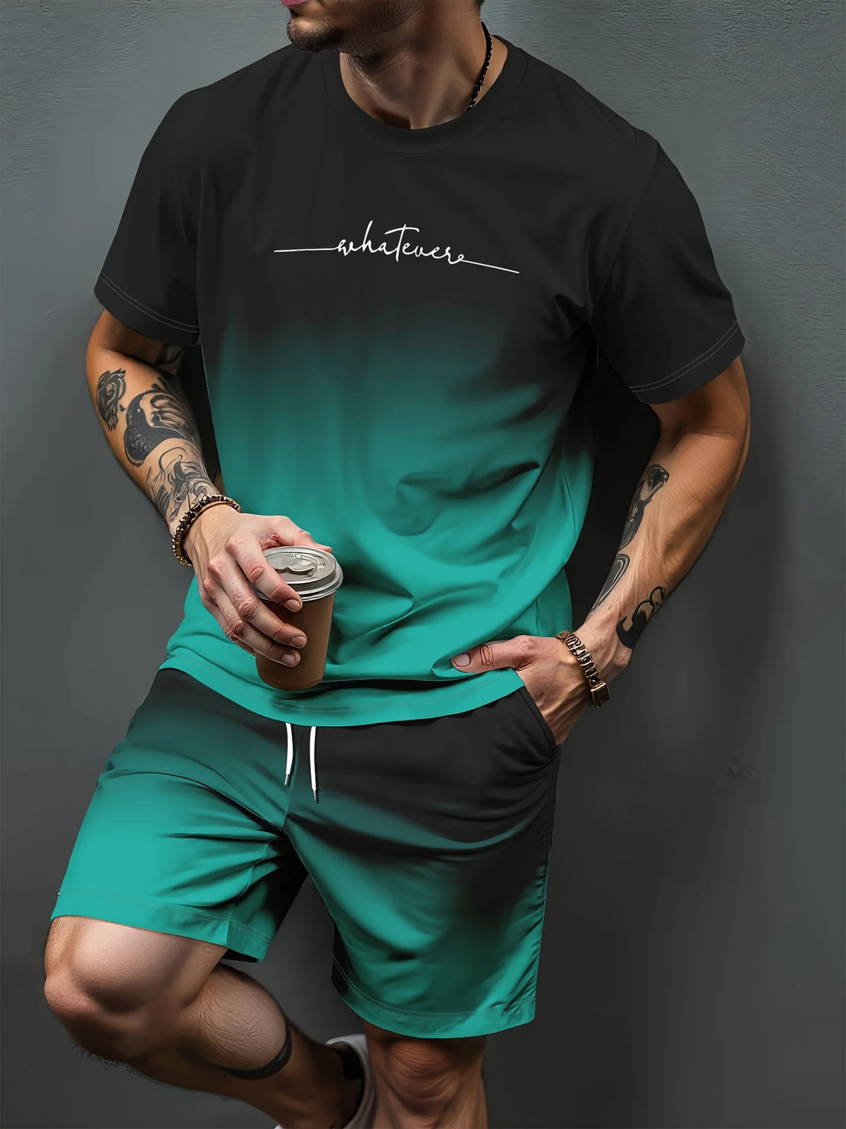 Gradient Letter Pattern 3D Print Tracksuits Men Women Casual Short Sleeve T-Shirt Shorts Sets 2pcs Sportswear Suits Man Clothing