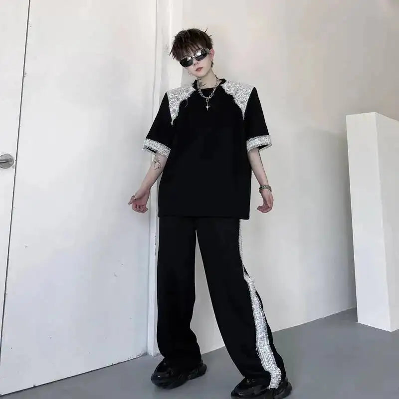 Summer Two Men's Pieces Set Tweed Patchwork Design Short Sleeve T-Shirt And Loose Wide Leg Long Pants Casual Sets OF7V