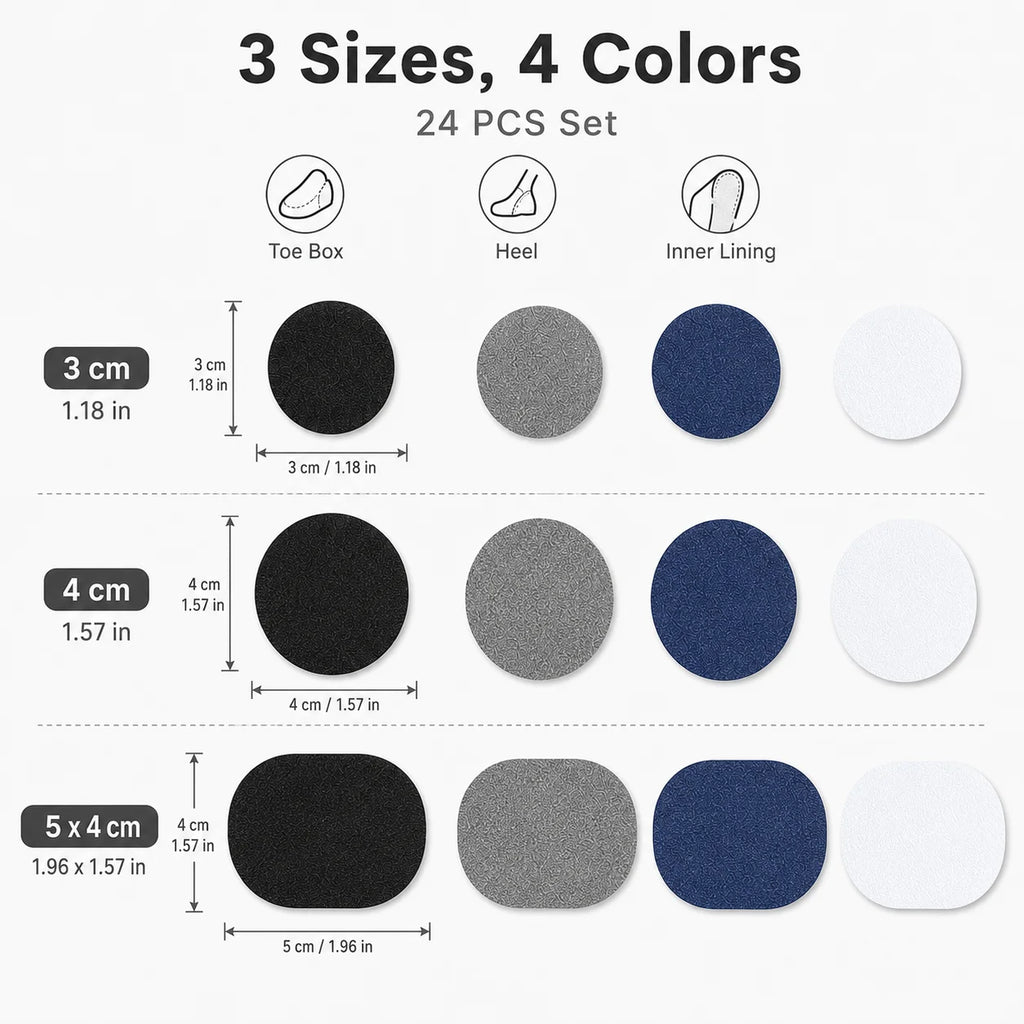 24Pcs Self Adhesive Shoe Repair Patches, 3 Sizes 4 Colors Fabric Shoe Hole Fix Patch for Sneaker Heel Liner Toe Box