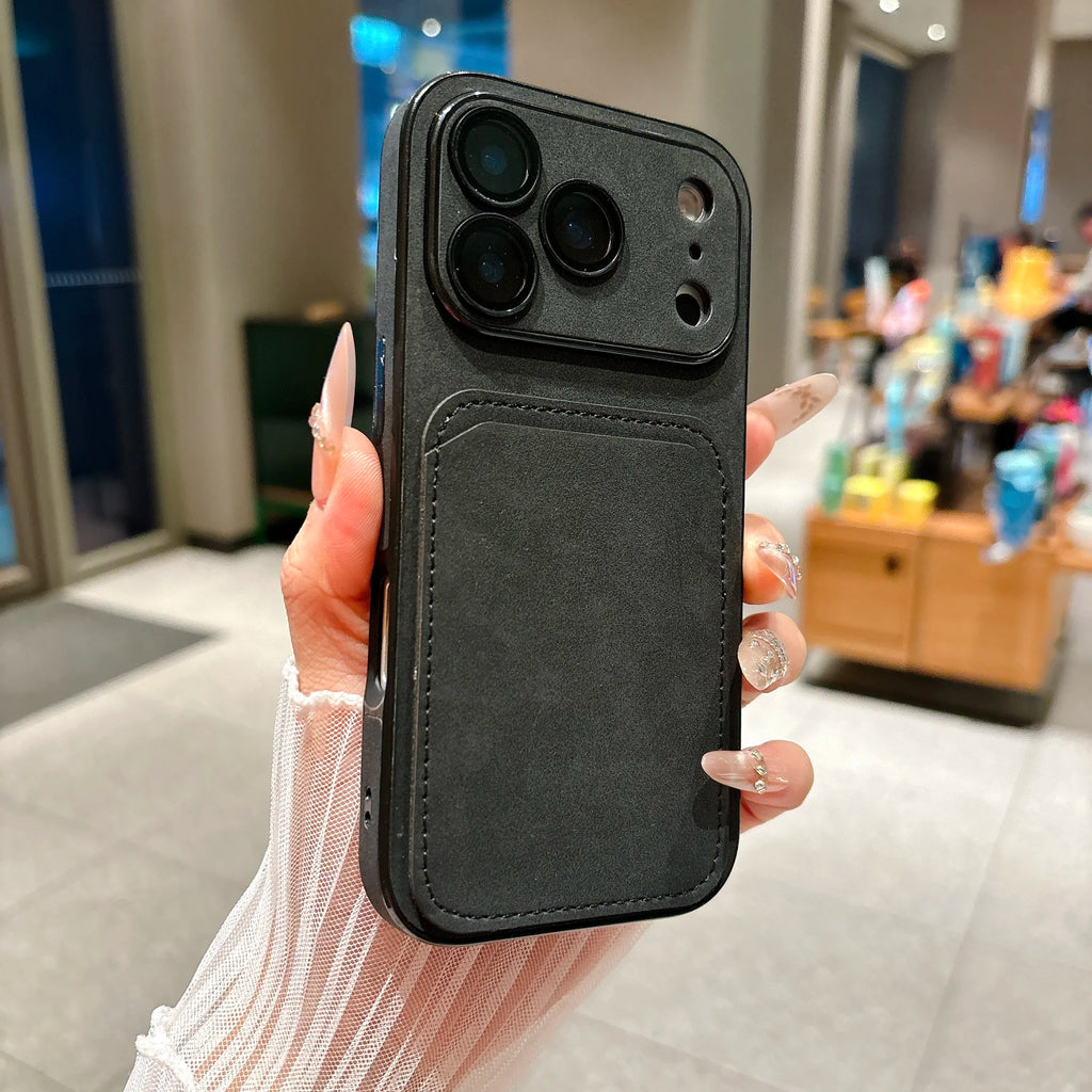 Wallet Card Holder Suede Leather Phone Case For iPhone 17 16 15 14 13 Plus Pro Max Business Insert Card Matte Lens Glass Cover