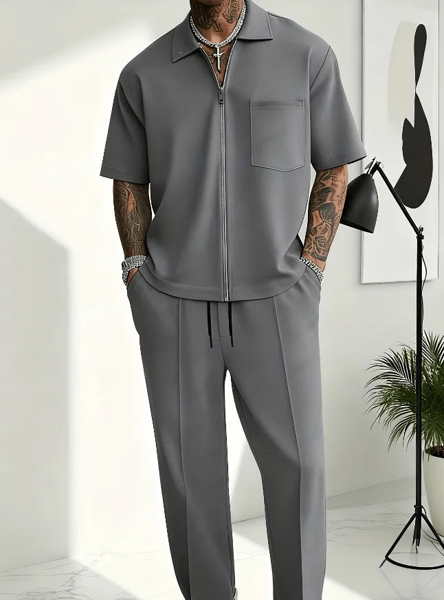 Men 2 Piece Outfits Half Zip Polo Short Sleeve Shirt Straight Leg Pants Set Casual Solid Color Knit Tracksuit Streetwear Suit
