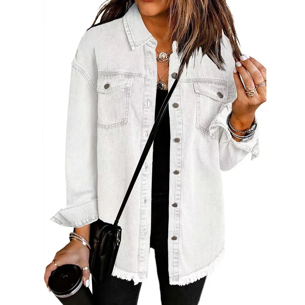 Washed Denim Jacket Women Autumn Tassel Lapel Jeans Jacket Female Casual Loose Long Sleeve Single Breasted Outerwear Shirts Coat