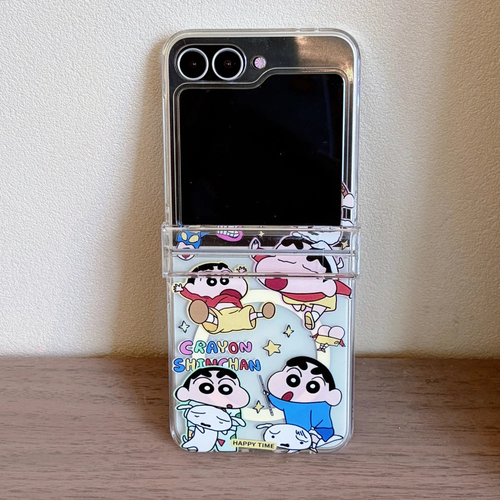 Cute Anime Crayon Shin-chan Magnetic Holder Magsafe Wireless Charge Phone Case For Samsung Galaxy Z Flip 8 7 6 5 Hard TPU Cover