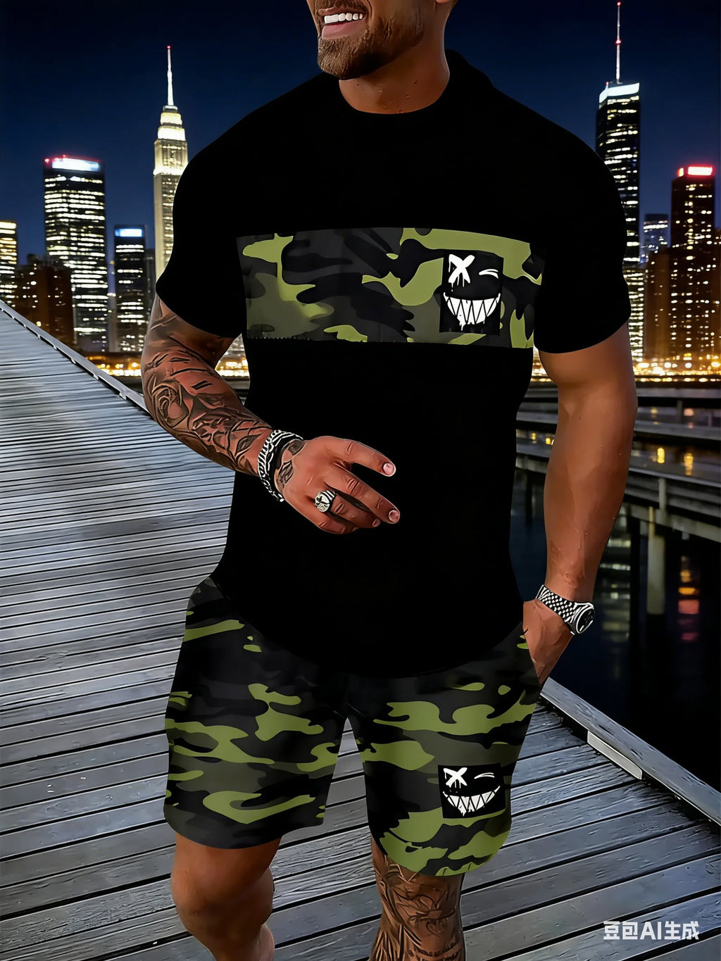 New Summer Men's Sportswear Striped Short-Sleeve T-Shirt Set Two-Piece Outdoor Travel Apparel Relaxed-Fit Shorts Training Wear
