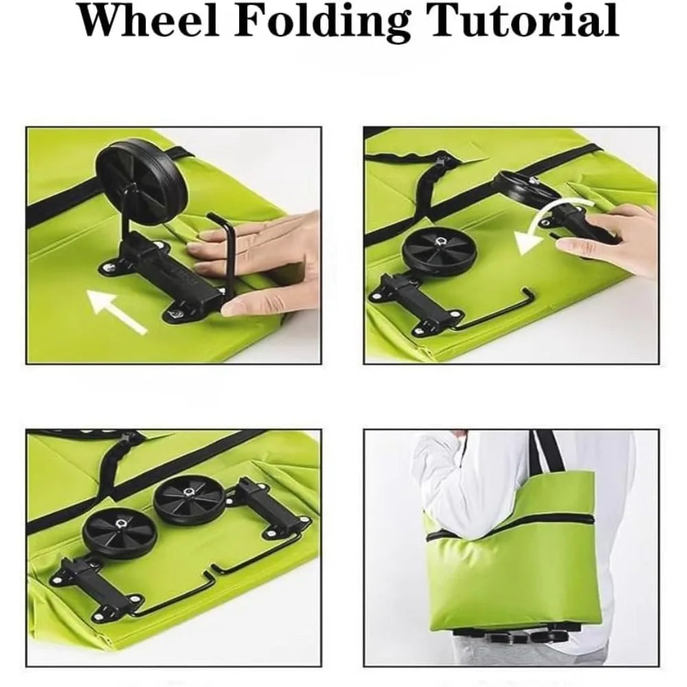 Foldable Shopping Bags with Wheels Portable Roller Tote Grocery Market Cart Caddy Oxford Fabric Reuseable Lightweight Bags Green